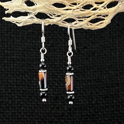 Tibetan Agate Tube & Onyx Earrings